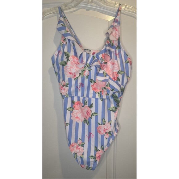 Betsey Johnson Pink Floral Blue Stripe Print Women’s One Piece Swimsuit Sz M - Picture 2 of 11